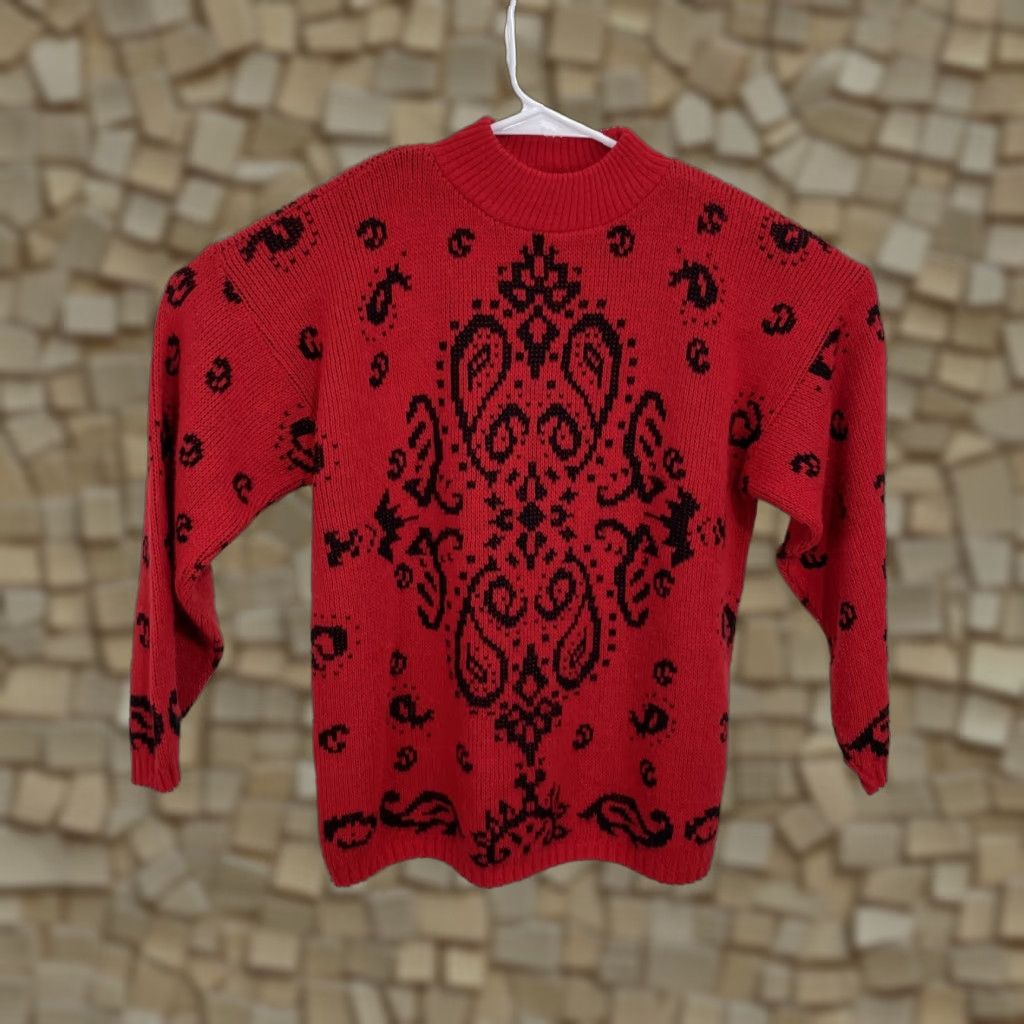 Vintage VINTAGE Private Eyes Womens Sweater Pullover Black Red Paisley USA Made Large Knit Mock Neck Long Sleeve Size L / US 10 / IT 46 - 1 Thumbnail
