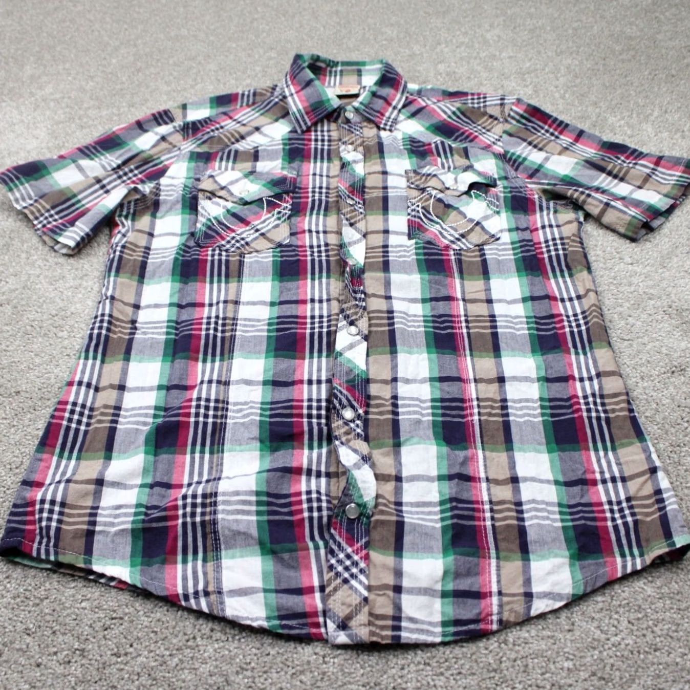 True Religion True Religion Shirt Mens 2XL Plaid Button-Up Snap Short Sleeve Red Green White Gray Cotton 100% Cotton Western Cowboy Vintage No Size US XXL / EU 58 / 5 - 2 Thumbnail