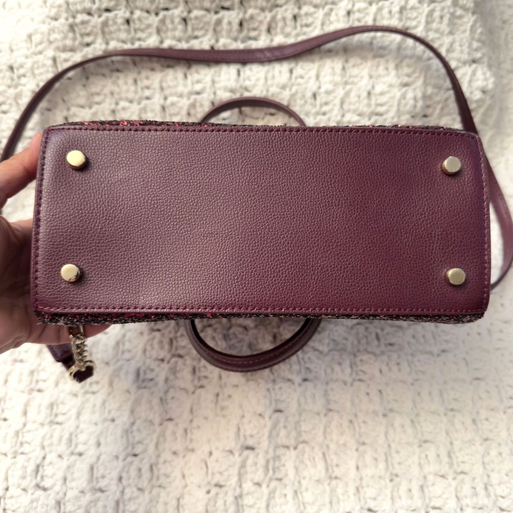 Vintage VINTAGE Kate Spade Satchel Bag Cross-Body Purse Burgundy Glitter Leather Trim Small Women’s Size ONE SIZE - 5 Thumbnail