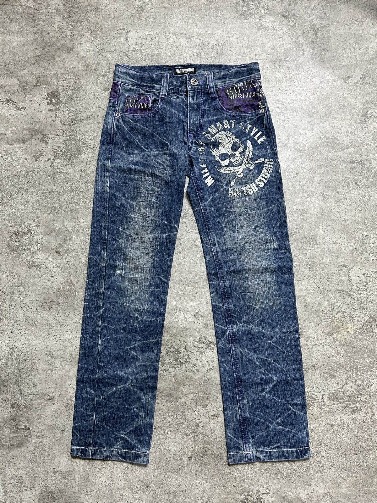 Japanese Brand 2000s Ba tsu Studio Skull Denim Pants Punk style Size US 26 / EU 42 - 1 Thumbnail