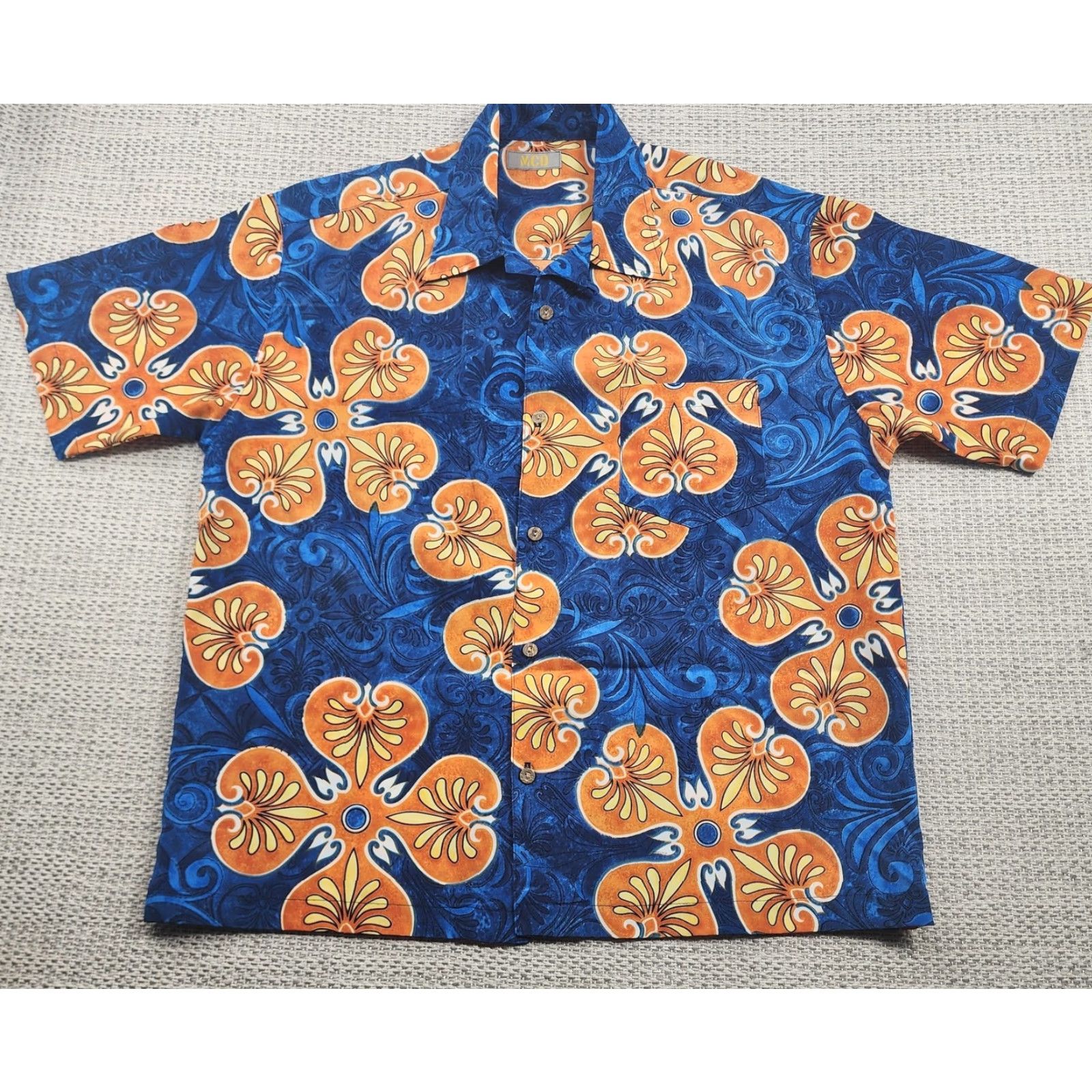 ALOHAS MCD Hawaiian Shirt Mens Extra Large Blue Orange Floral Tropical Button Up Size US XL / EU 56 / 4 - 2 Thumbnail