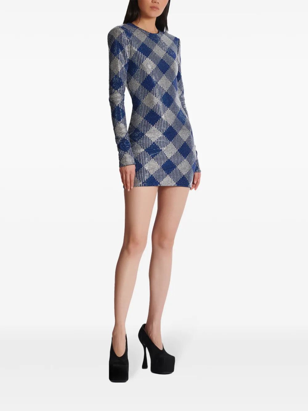Balmain o1s1wg111225 Gigham Rhinestone Mini Dress in Navy Blue Size S / US 4 / IT 40 - 3 Thumbnail