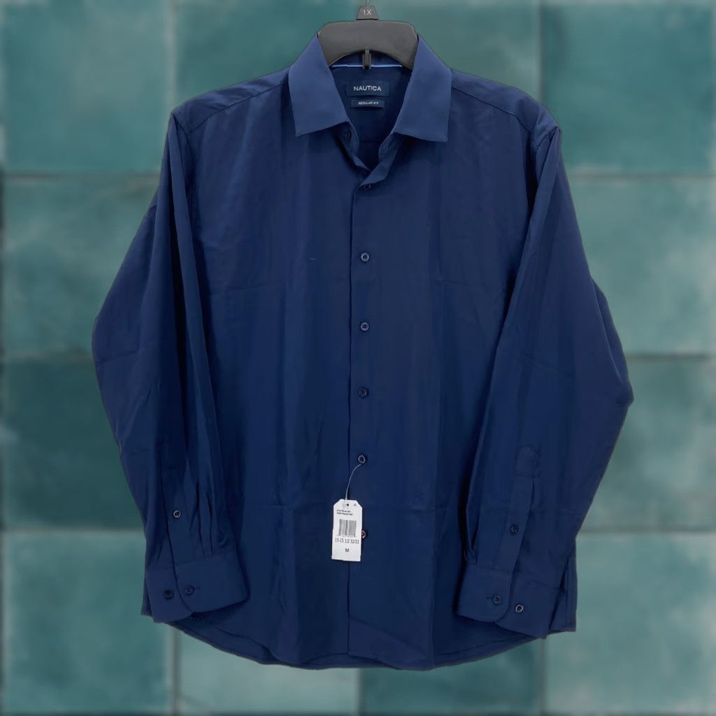 Nautica Nautica Dress Shirt Mens M Dark Navy Blue Regular Fit Stretch Button Up NWT Size 40R - 1 Thumbnail