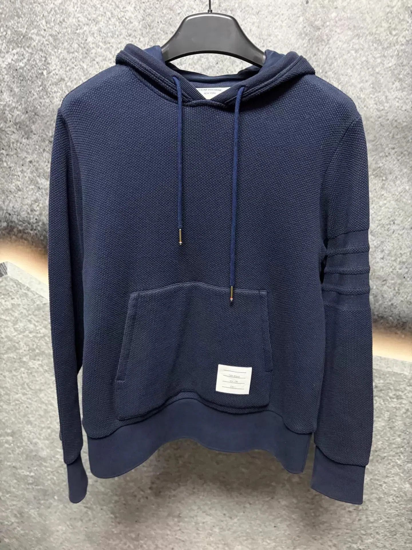 Thom Browne Blue Waffle Knit Hoodie with Kangaroo Pocket. Size US S / EU 44-46 / 1 - 1 Thumbnail