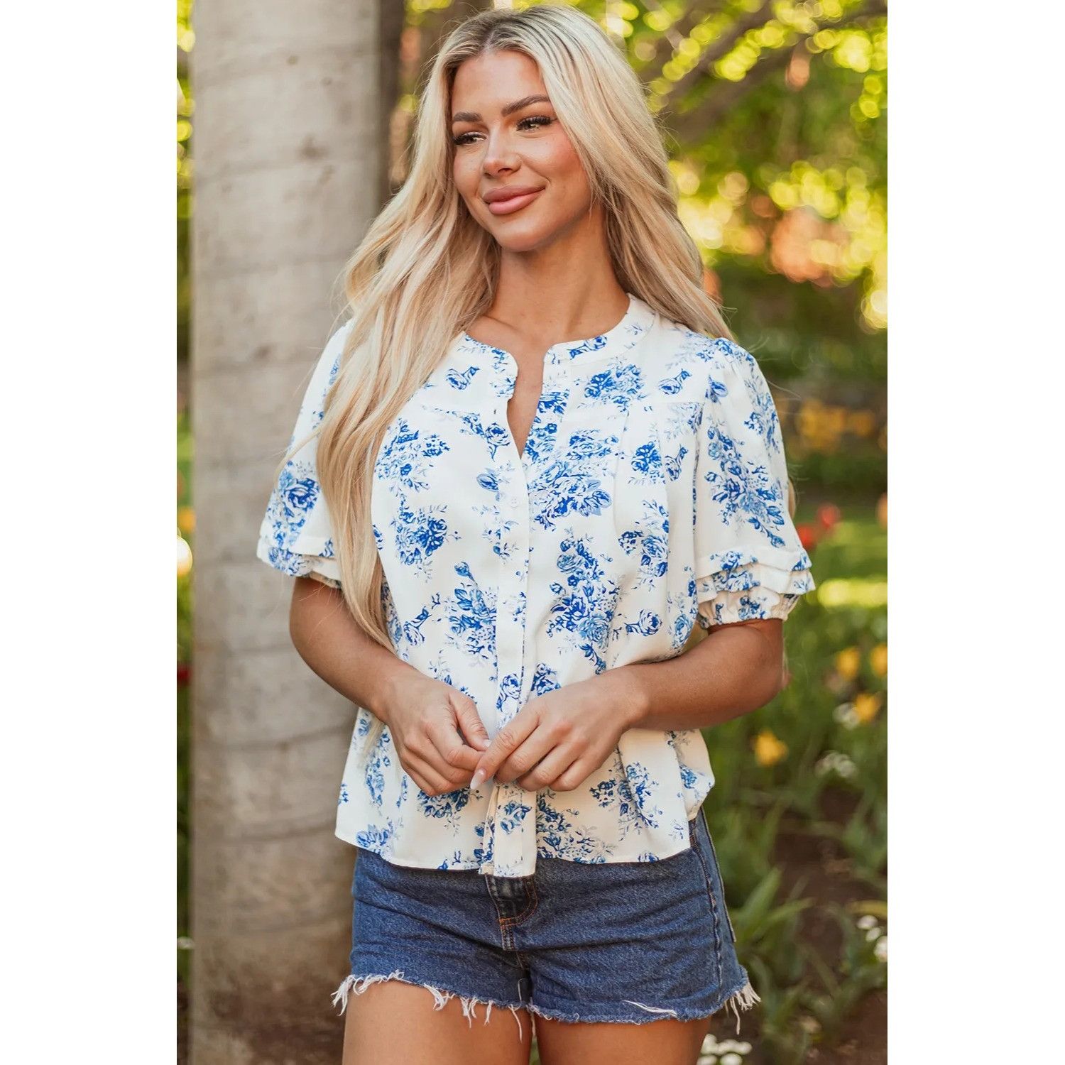 Other Sky Blue Floral Tiered Puff Short Sleeve Pleated Bust Button Size S / US 4 / IT 40 - 1 Thumbnail