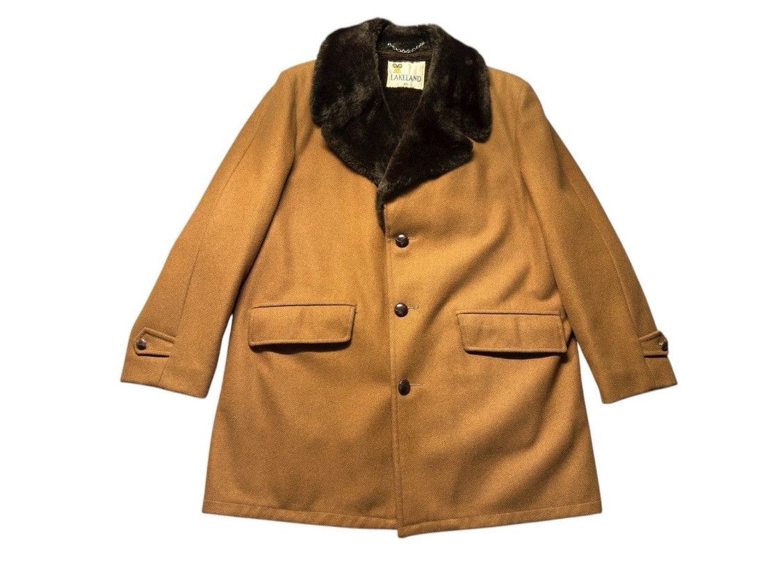 Lakeland Men’s Vintage Camel Wool Coat Faux Fur Lined 44