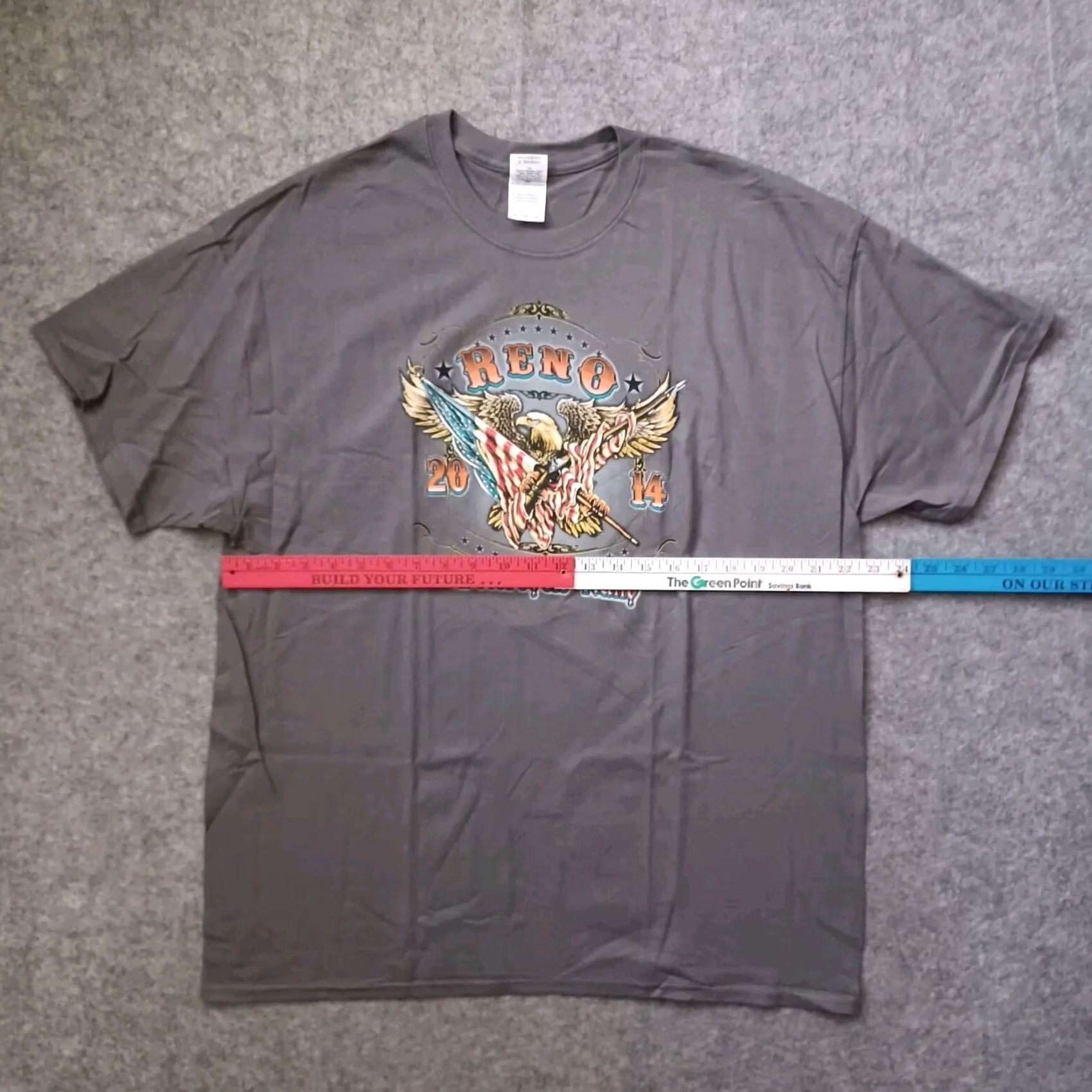 Gildan Reno Motorcycle Rally Mens Shirt XL Gray Two Side Graphic Eagle Flag Logo 2014 Size US XL / EU 56 / 4 - 4 Thumbnail
