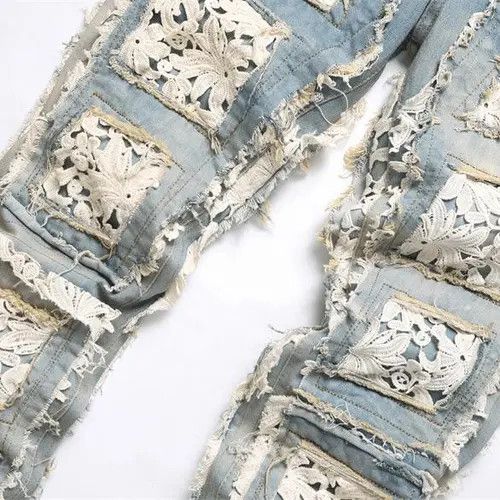 VIBE Floral Patchwork Distressed Baggy Denim Jeans Size US 32 / EU 48 - 7 Thumbnail
