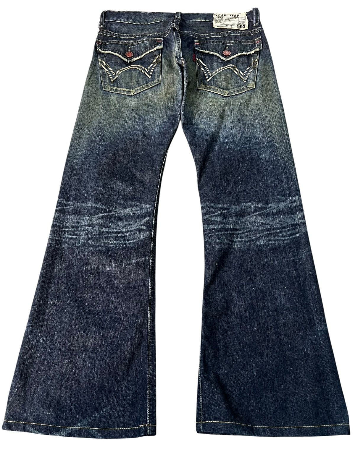 Edwin Vintage Edwin 503 Blue Trip Flare Distress Jean Japan Size US 33 - 2 Thumbnail