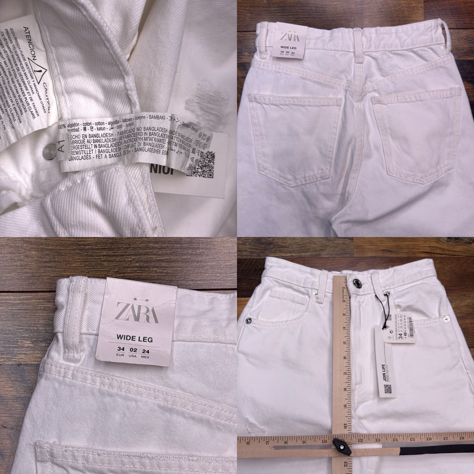 Zara Zara Jeans Womens 2 White Wide-Leg High Rise 32.5in Inseam Distressed 5-Pocket Denim Bohemian City Shirt? Size 26" / US 2 / IT 38 - 8 Thumbnail