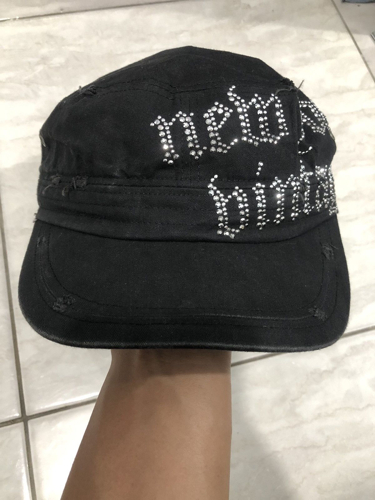 image of Kmrii x Yasuyuki Ishii New York Vintage Distressed Japanese Cap in Black, Men's