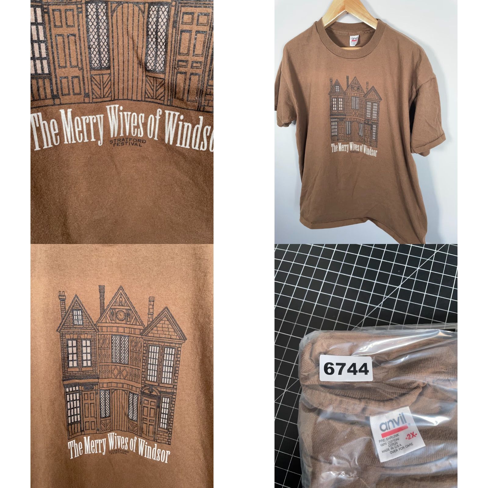 Anvil VINTAGE Shakespeare Merry Wives Windsor T-Shirt Adult XL Brown Anvil 100% cotton Short Sleeve Crew Neck Logo Graphic Print Men US Made Size US XL / EU 56 / 4 - 8 Thumbnail