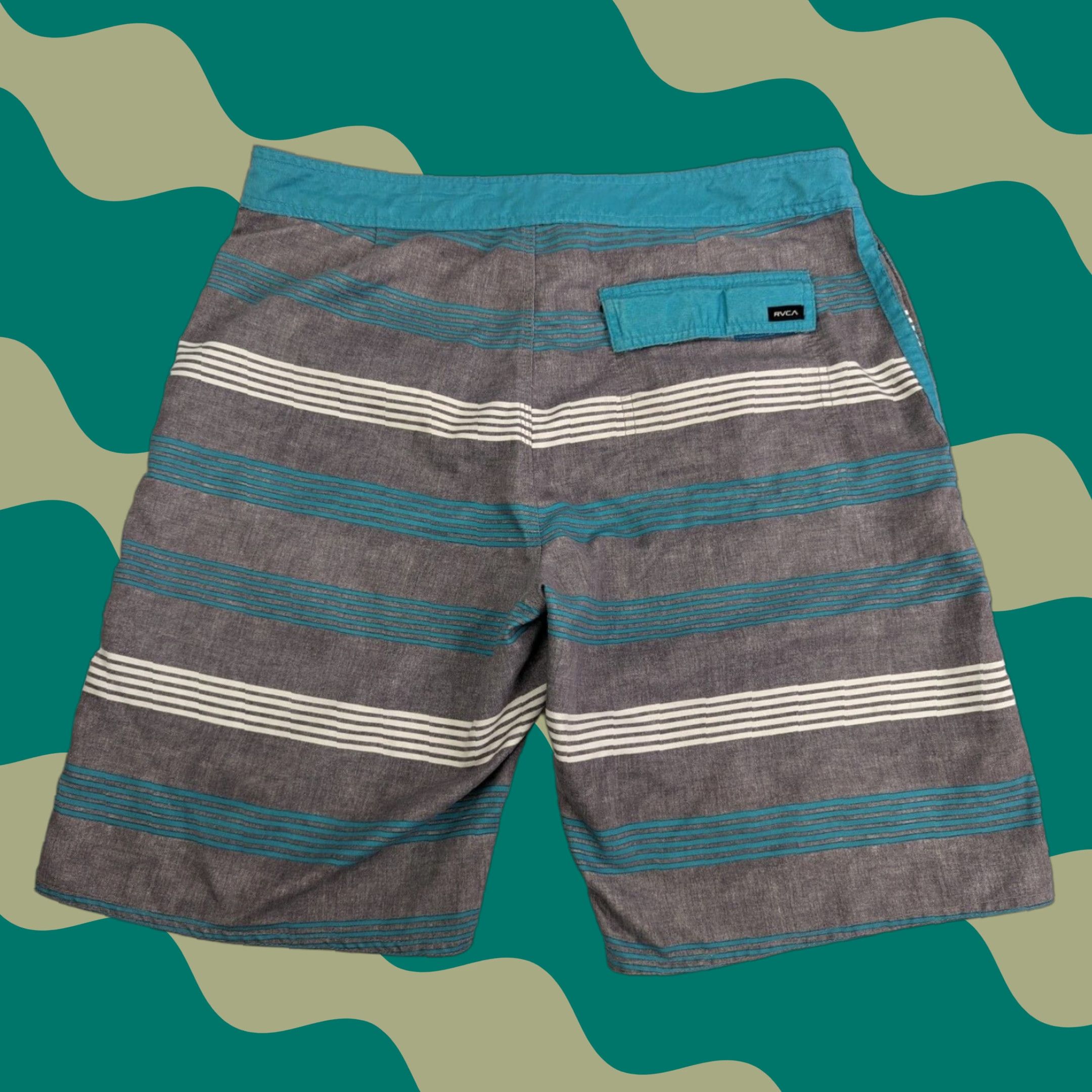 RVCA RVCA Board Shorts Men 34 Aqua Gray Striped Non Stretch Beach Trunks Size US 34 / EU 50 - 1 Thumbnail