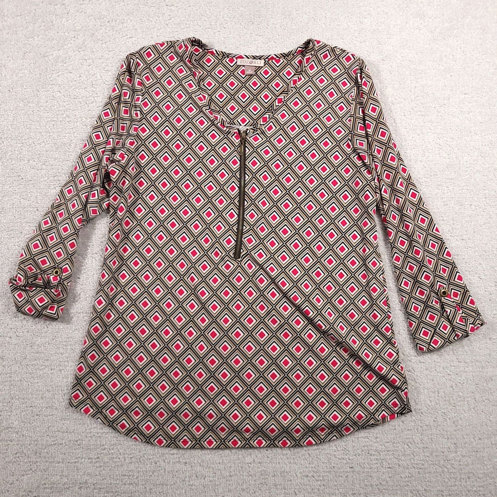 Vintage Roz & Ali Blouse Shirt Women's Medium Geometric 3/4 Sleeve 1/4 Zip Size M / US 6-8 / IT 42-44 - 2 Thumbnail