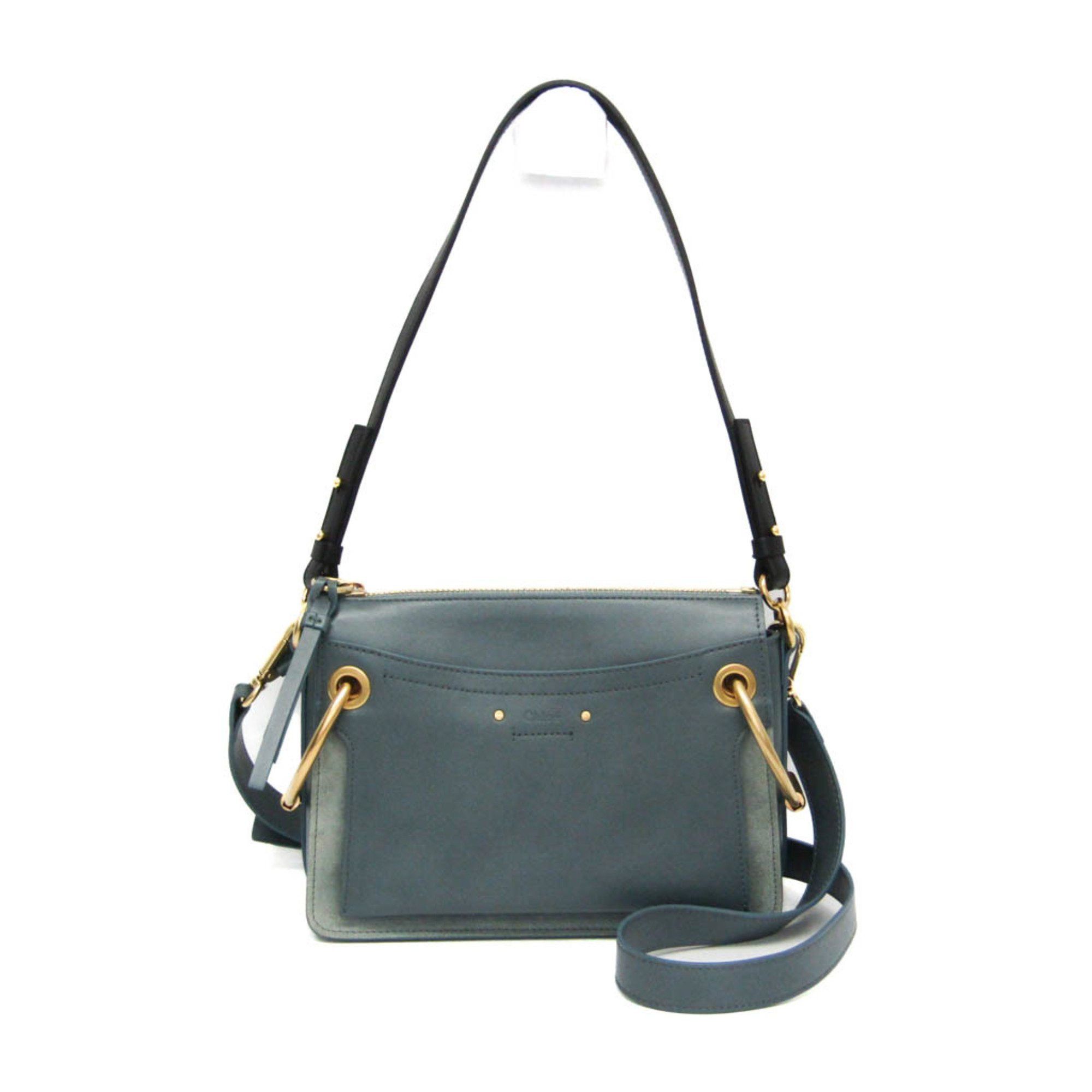 Chloé Roy CHC18UP021H1Z214 Women's LeatherSuede Shoulder Bag Light Blue Gray