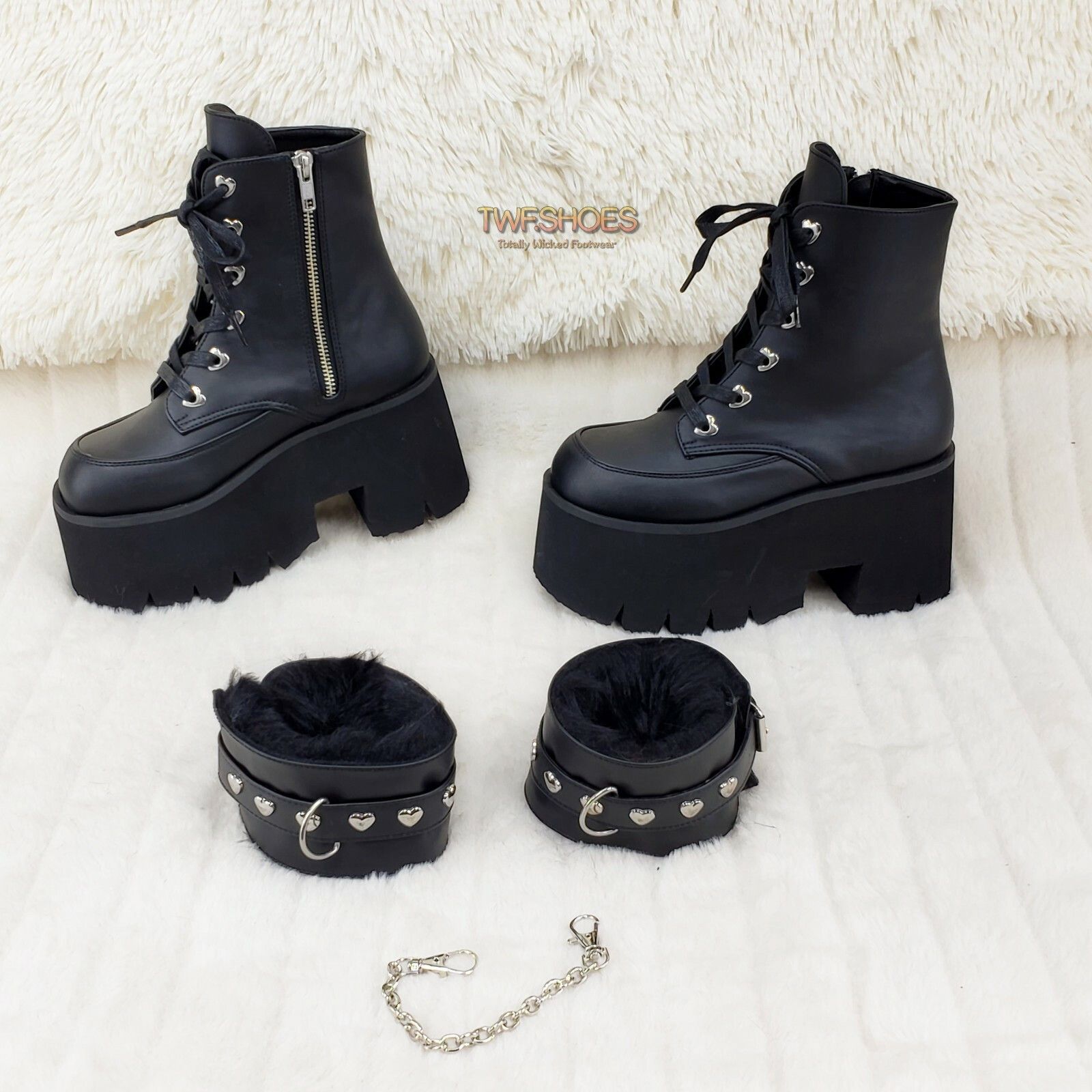 Other Ashes 57 Black Heart Studs 3.5" Platform Goth Boots Fur Line Size US 11 / IT 41 - 8 Thumbnail