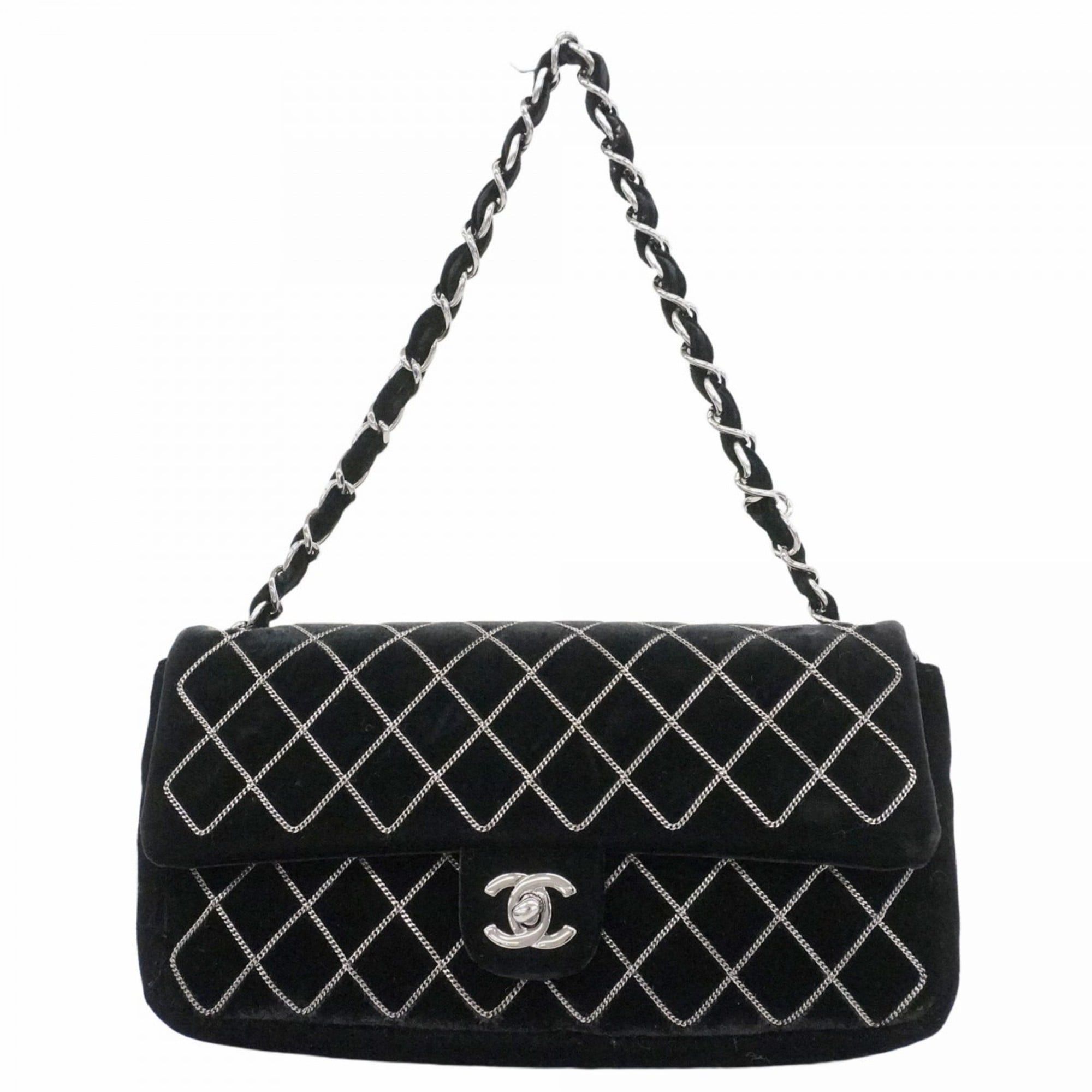 Chanel Shoulder Bag Chain Matelasse Velvet Black Women's