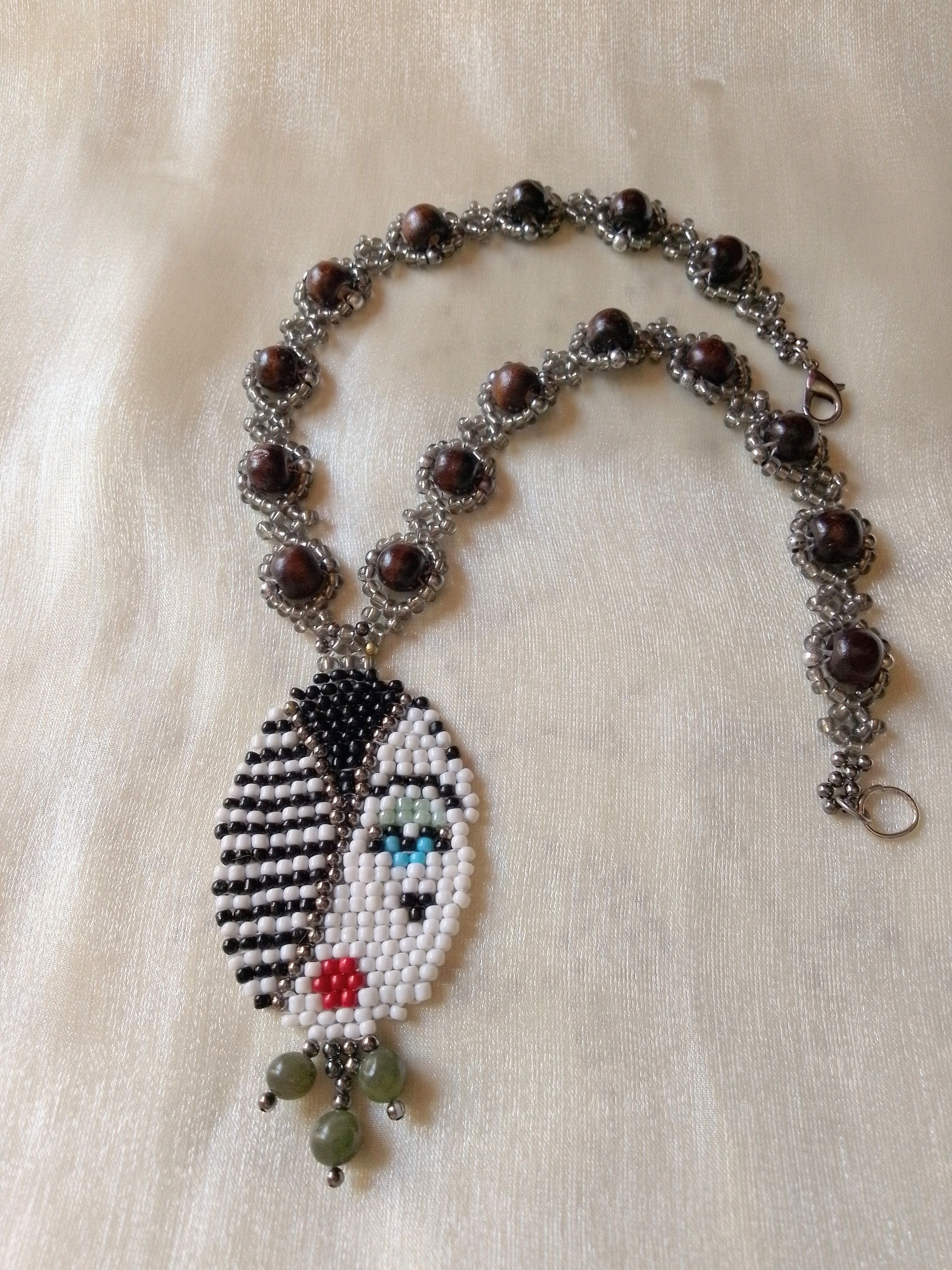 Handmade Boho necklace in wood pendant with natural jade gemstones Size ONE SIZE - 9 Thumbnail
