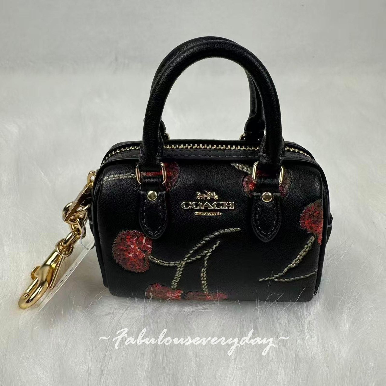 Coach Mini Rowan Bag Charm With Cherry Print Leather/black, Women's