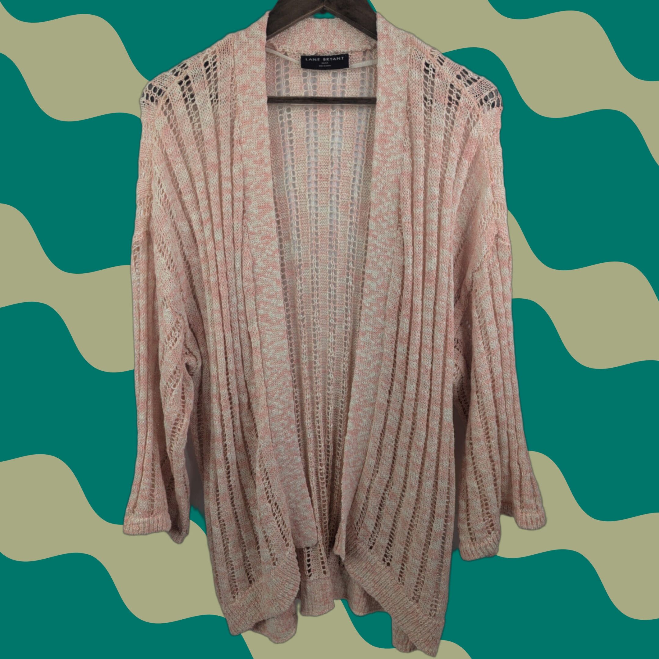 Vintage VINTAGE Lane Bryant Women's Plus 22/24 Pink White Open Knit Dolman Sleeve Cardigan Size 3XL / US 20-22 - 1 Thumbnail