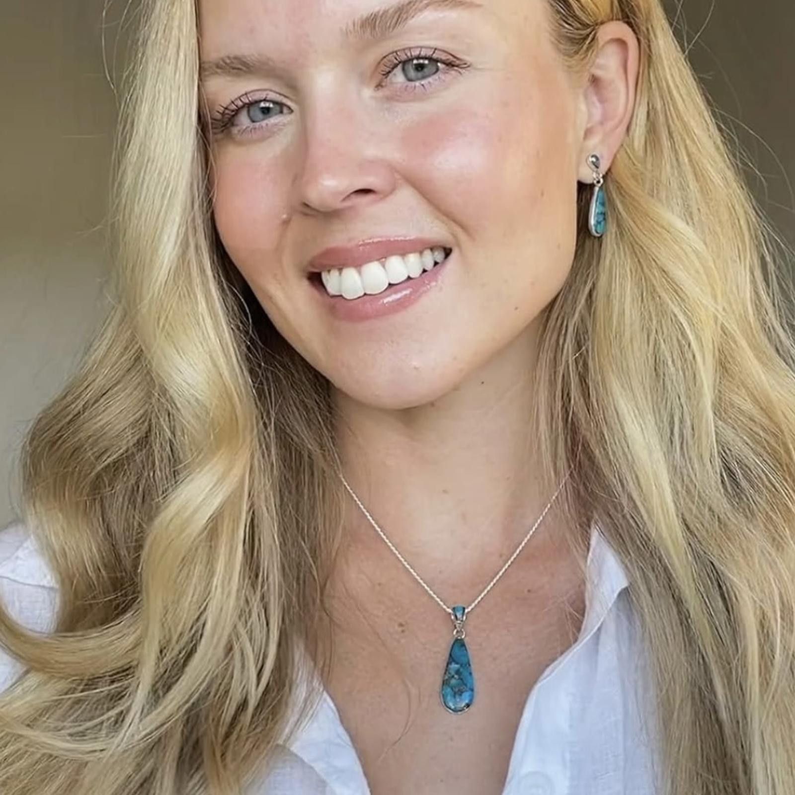 Designer Sterling Silver Genuine Turquoise Necklace and Earrings Set Size ONE SIZE - 4 Thumbnail