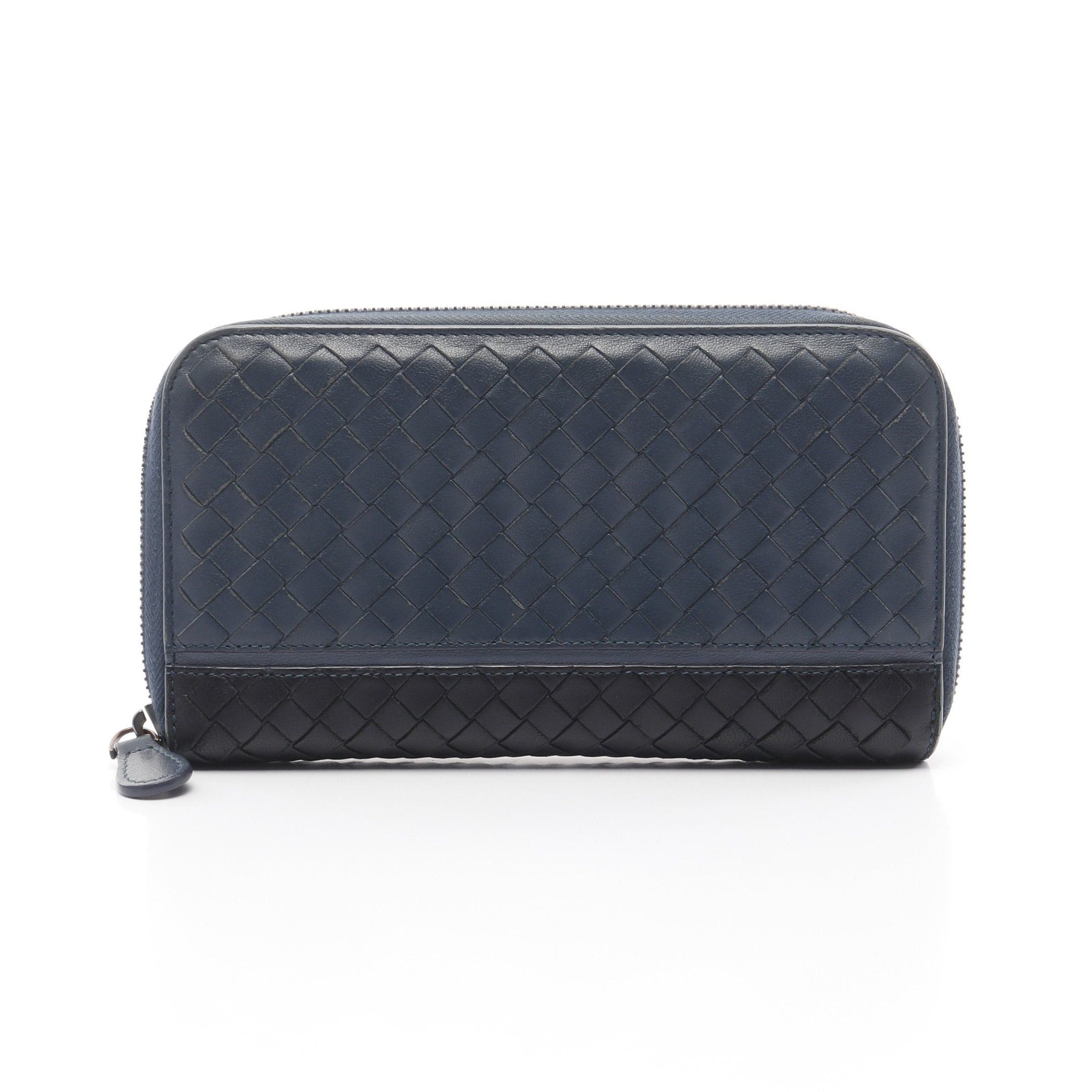 Bottega Veneta Bottega Veneta Intrecciato Round Zipper Long Wallet Bicolor Leather Dark Blue Black Size ONE SIZE - 1 Thumbnail