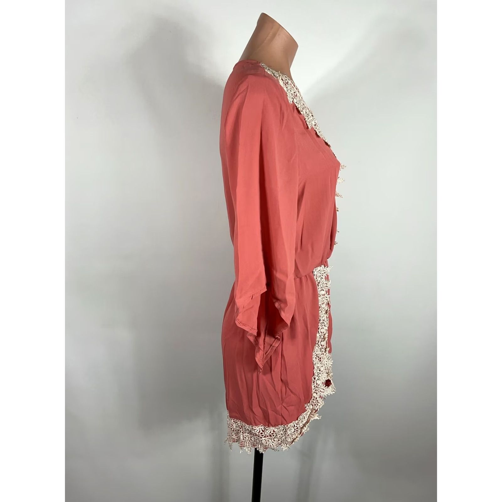 Vintage Poetry Coral Pink boho romper Jumpsuit Deep V lace detail Women's S Festival Size 28" / US 6 / IT 42 - 6 Thumbnail