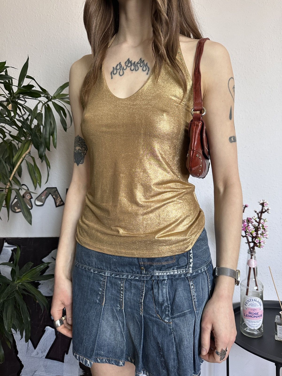 Seditionaries × Vintage Sexy Halter Glitter Gold Knit Y2K Archival Top Size M / US 6-8 / IT 42-44 - 3 Thumbnail