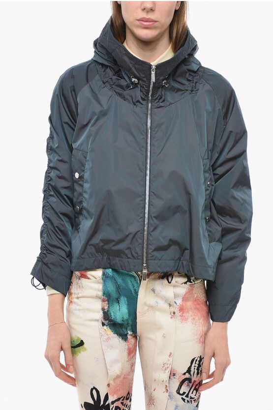 image of Moorer Hooded Windbreaker Jacket With Ruffled Sleeves in Green, Women's (Size Medium)