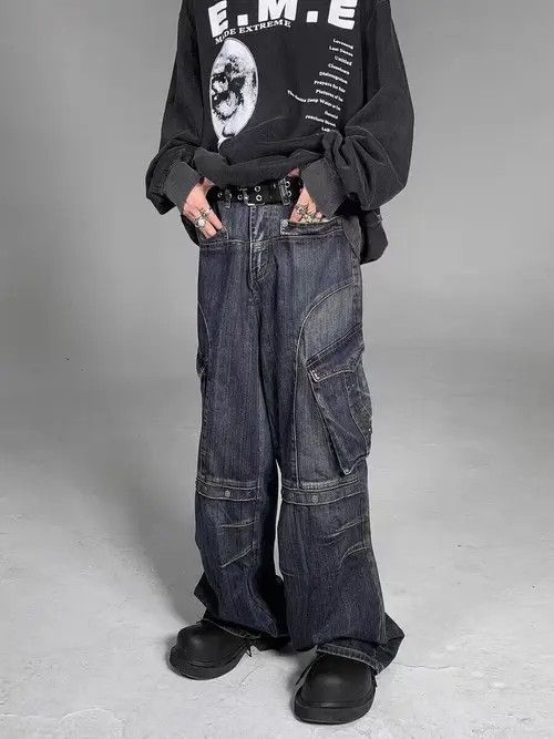 image of Heavy Industrial Style Washed Studded Large Pocket Jeans in Blue, Men's (Size 32)
