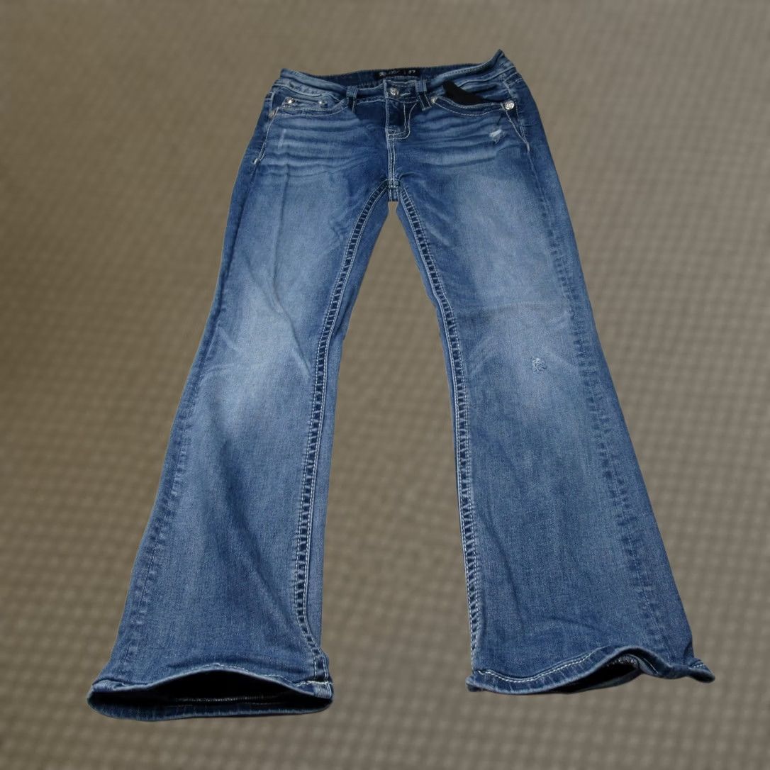 Miss Me VINTAGE Miss Me Jeans Womens Bootcut Denim 27x28 Blue Mid Rise Embroidered Rhinestone Logo Distressed 5-Pocket Mens Womens Girls Size 27" / US 4 / IT 40 - 1 Thumbnail