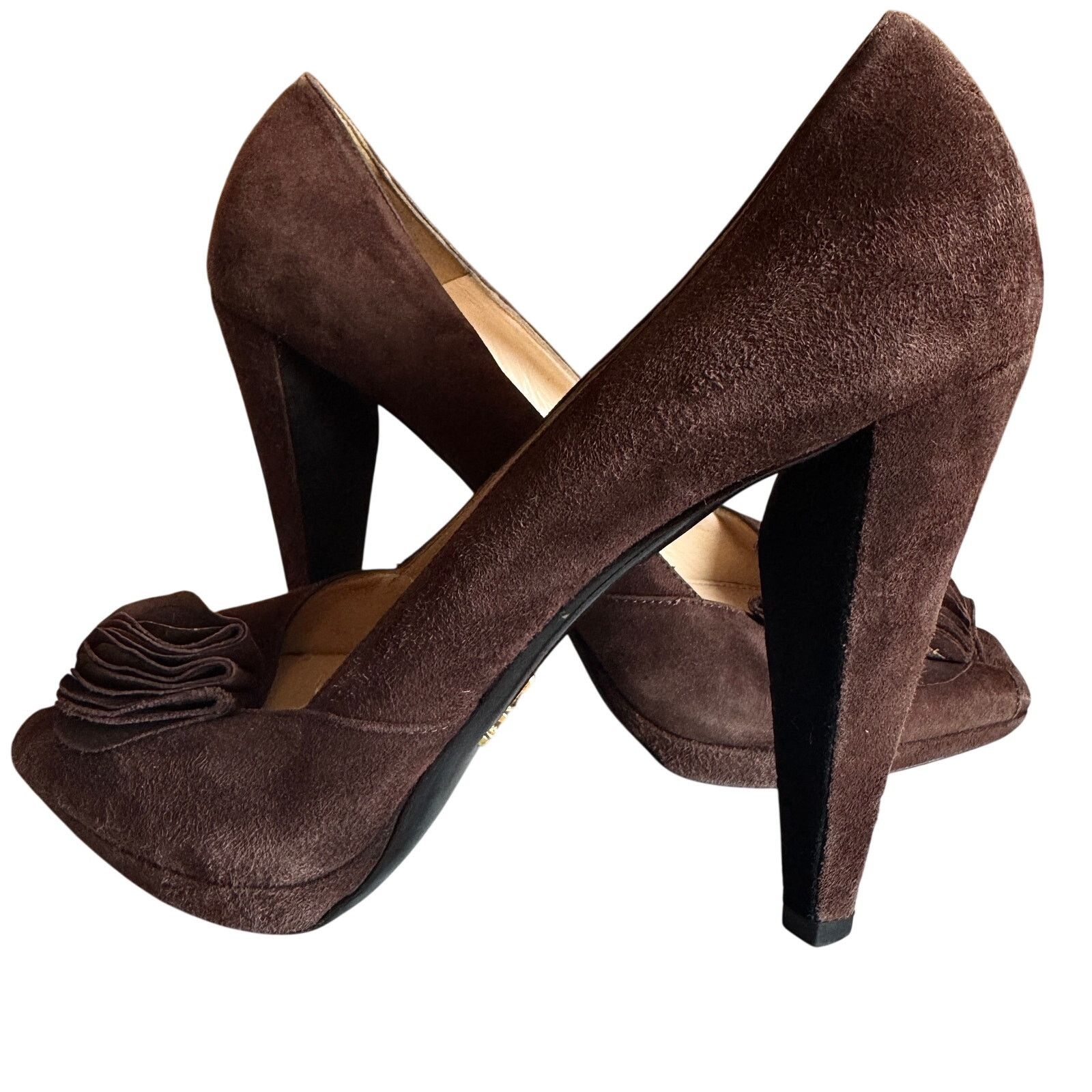 Prada Prada Brown Women's Suede Ruffle Embellishment Pumps Size US 9 / IT 39 - 3 Thumbnail