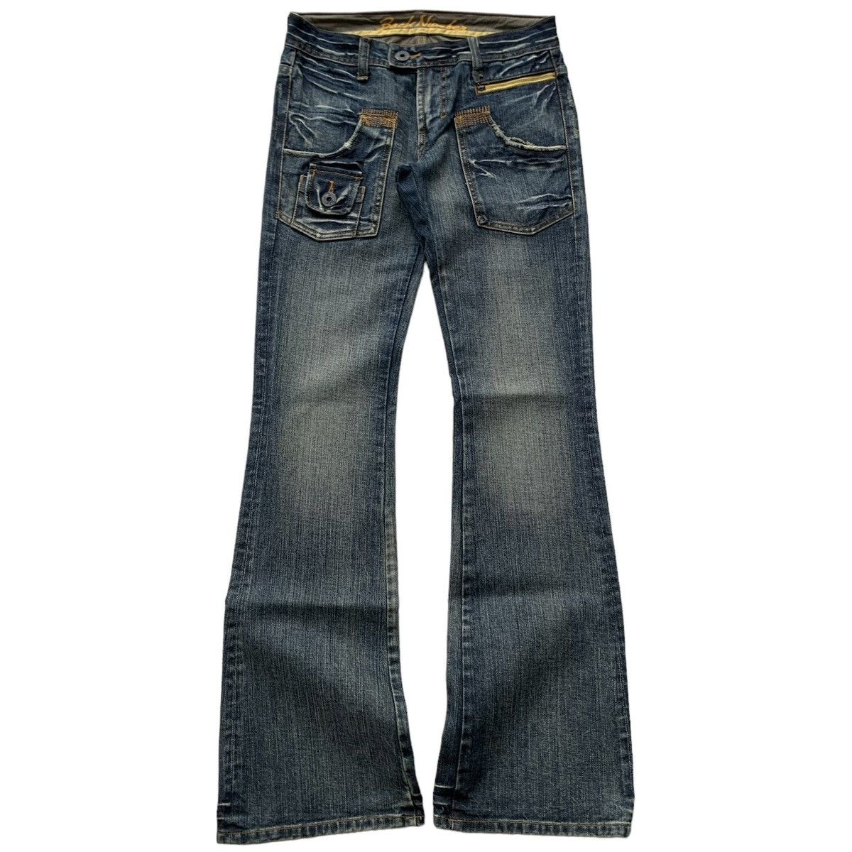 Japanese Brand × Vintage 2000s Back Number Blue Wash Distressed Fatigue Flared Jeans Size US 28 / EU 44 - 1 Thumbnail
