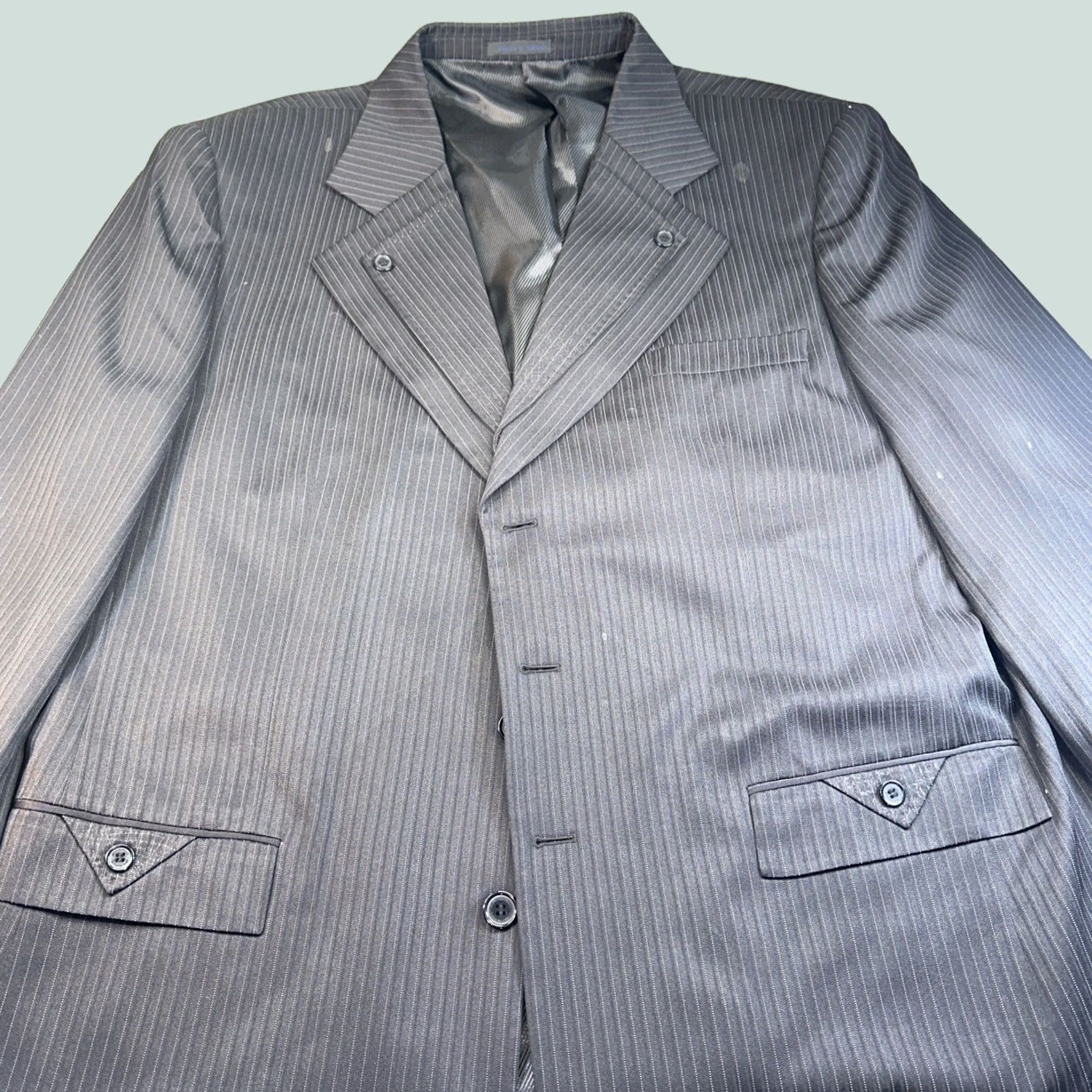 Vintage John Rafael Men’s Suit Jacket Pinstripe Black 48L Big & Tall Suit Jacket 2 Piece Mens Size 48R - 1 Thumbnail
