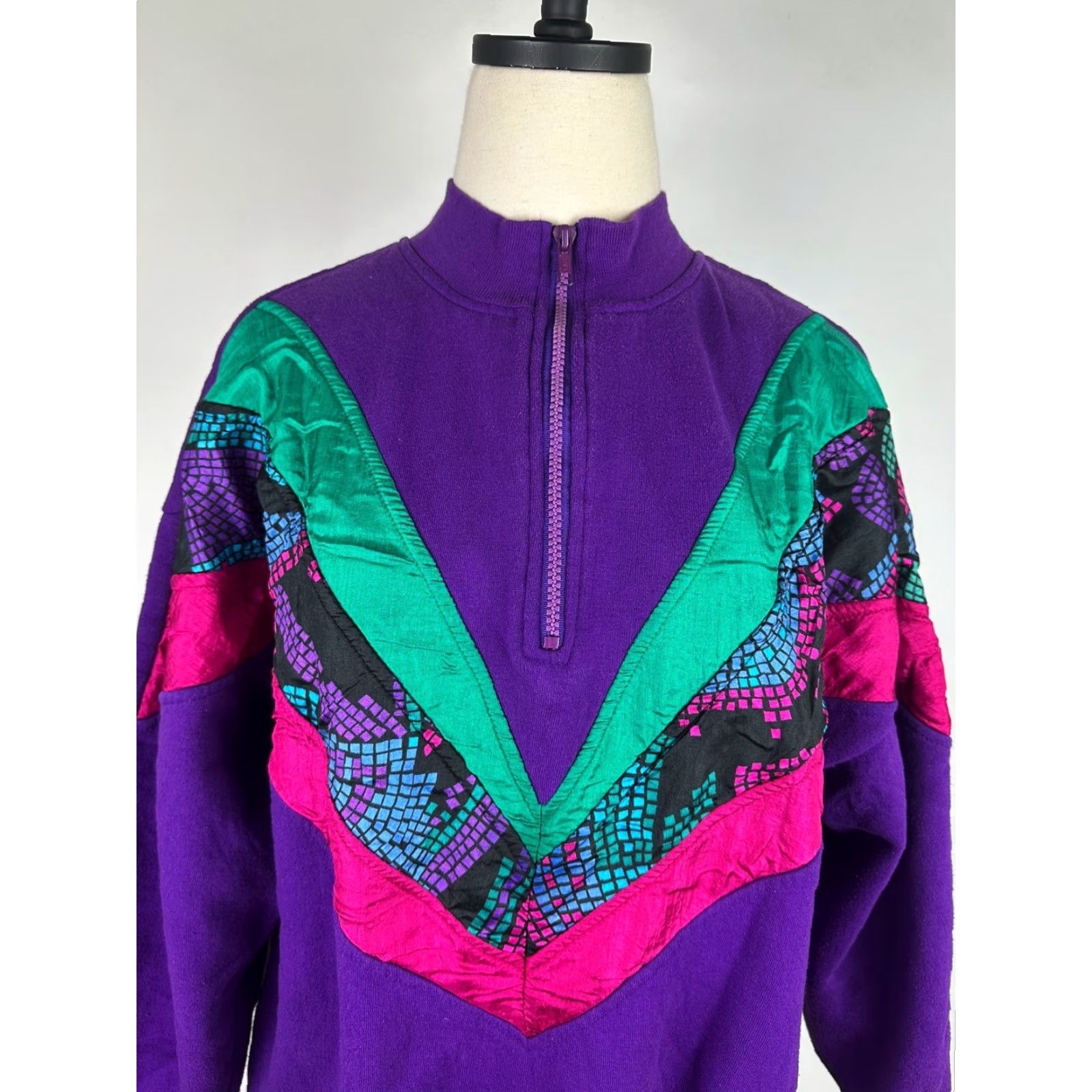 Vintage VINTAGE Active Elements Sweatshirt 80s 90s Geometric Patchwork 1/4 Zip Pullover Purple Women's Large Knit Cotton Blend Casual Womens Size L / US 10 / IT 46 - 3 Thumbnail