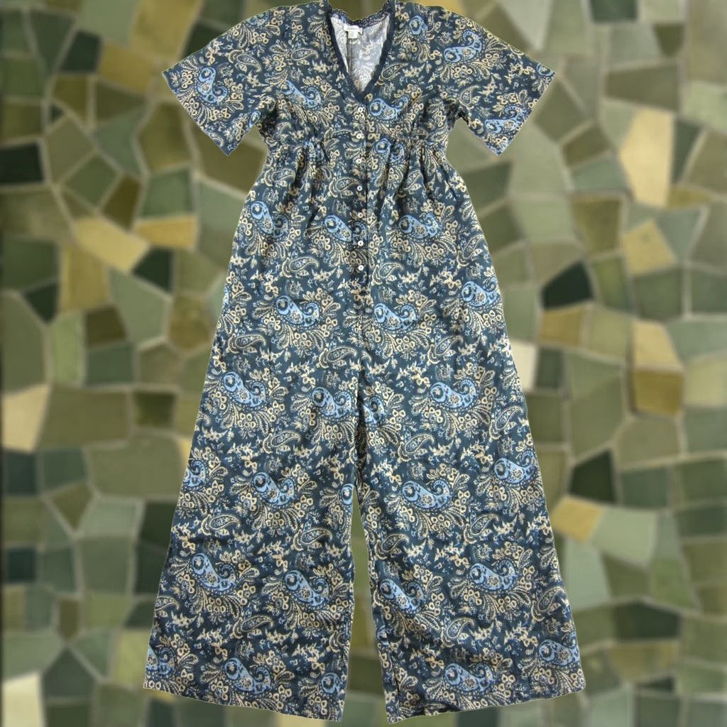 Vintage Sundance 100% Cotton Lightweight V-Neck Blue Yellow Floral Pocket Jumpsuit XS Size 26" / US 2 / IT 38 - 1 Thumbnail