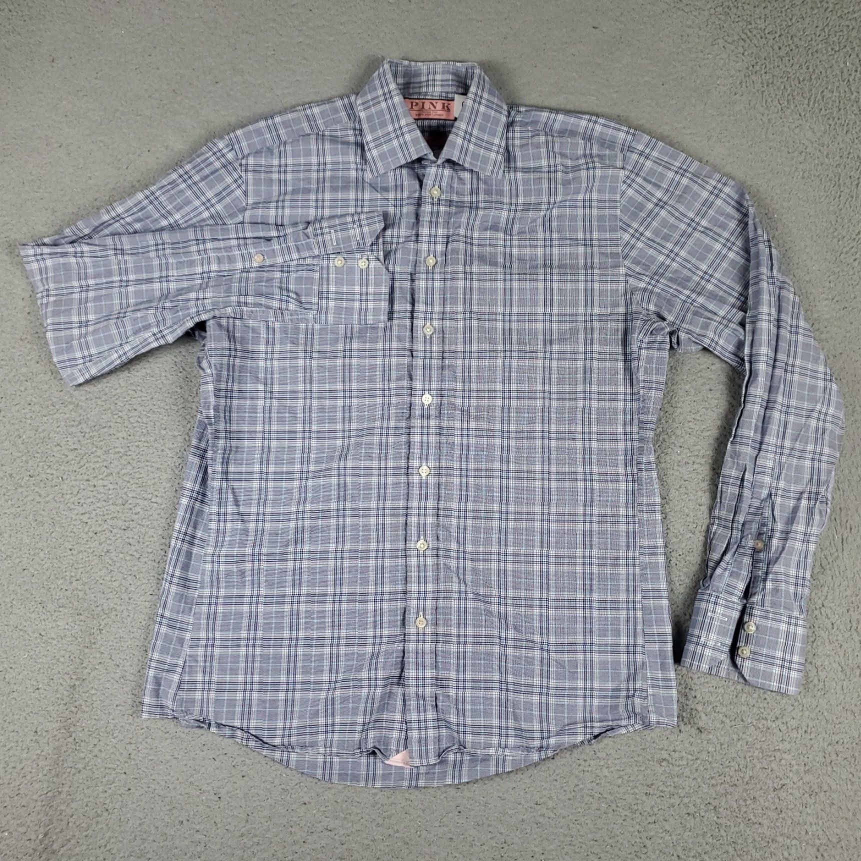 Pinko VINTAGE Thomas Pink Dress Shirt Men Size 15 Blue Plaid Long Sleeve Business Casual Formal Size 40R - 2 Thumbnail