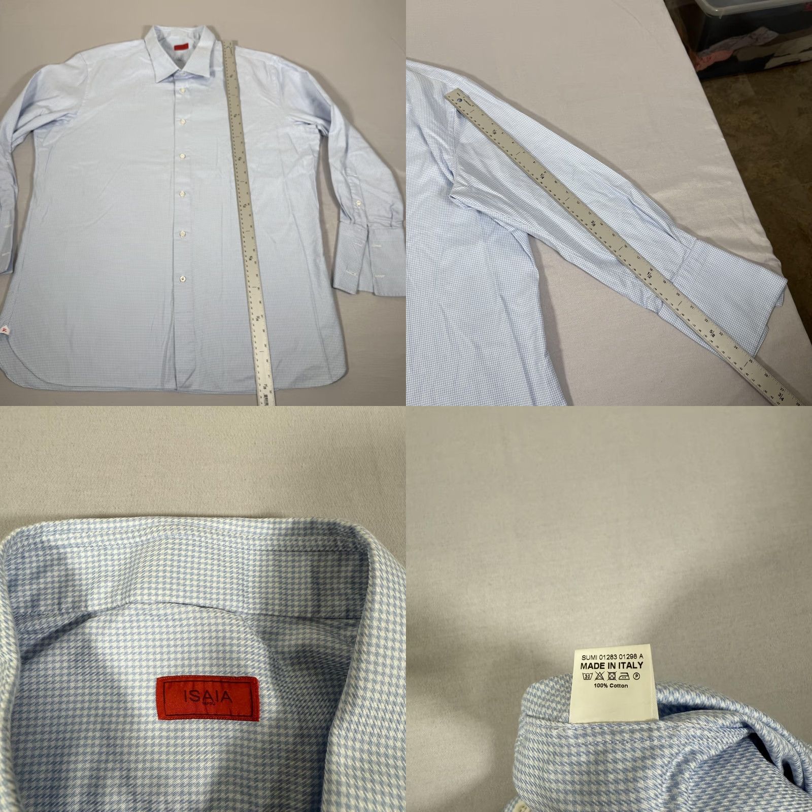 Isaia Isaia Shirt Mens XL Light Blue Micro Houndstooth French Cuff Dress Italy Preppy Size 46R - 8 Thumbnail