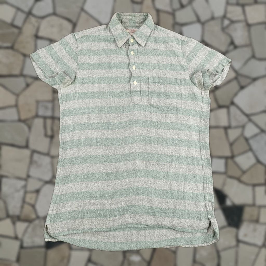 Wallace & Barnes WALLACE & BARNES Shirt Mens XS Green Striped Linen Blend Button Up Pullover Size US XS / EU 42 / 0 - 1 Thumbnail
