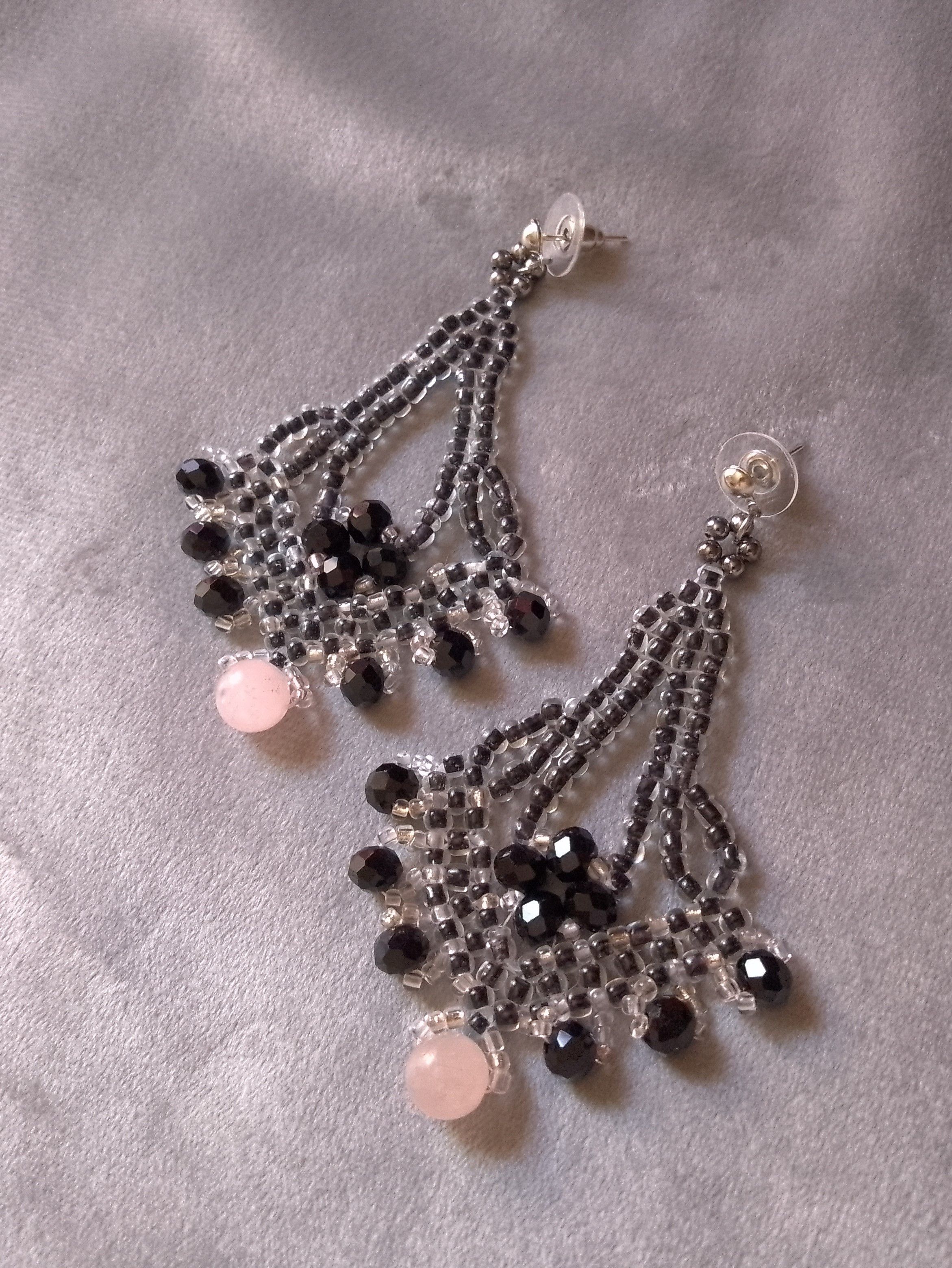 Handmade Earrings Black dangling with natural rose quartz gemstones Size ONE SIZE - 3 Thumbnail
