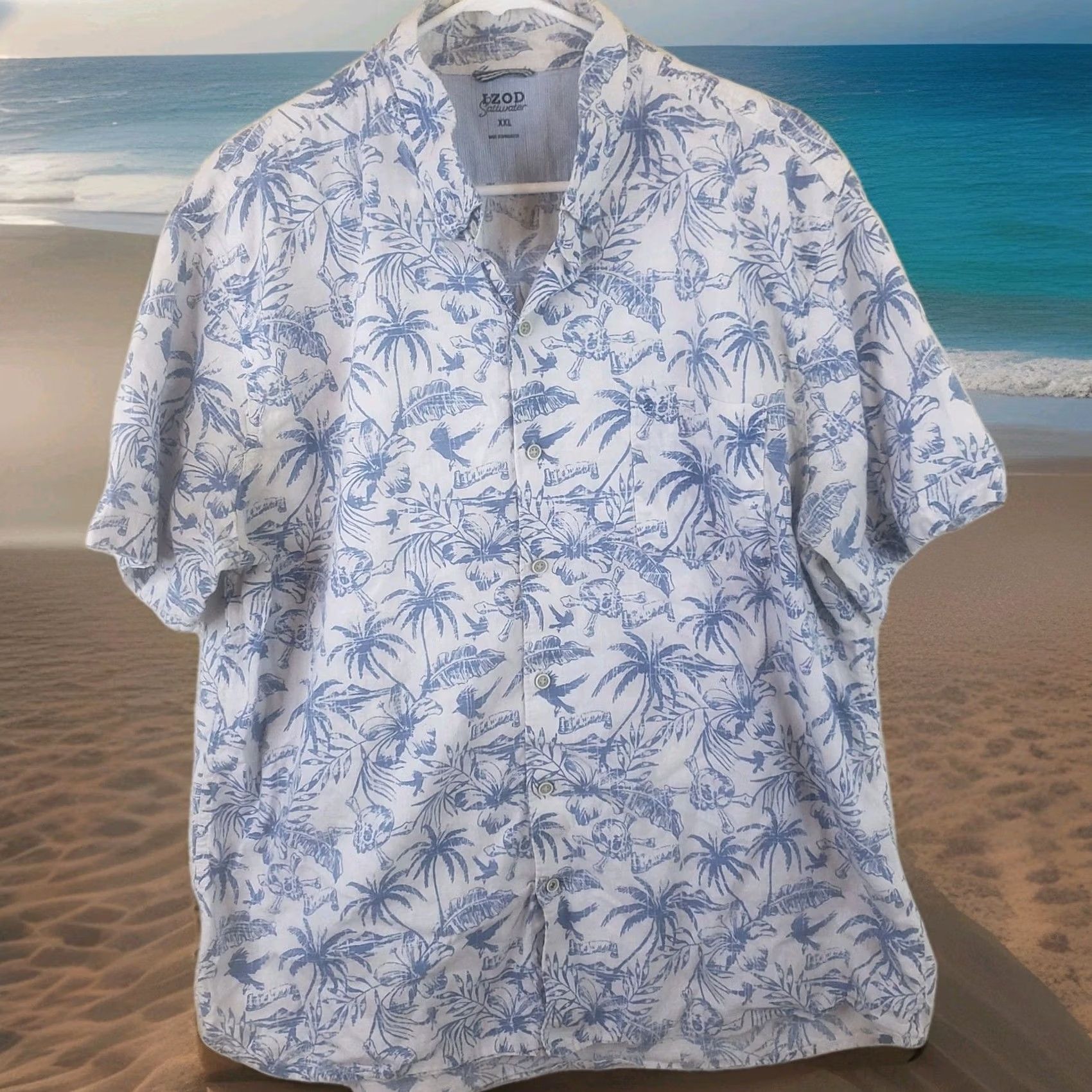 Izod IZOD Saltwater Blue Floral Print Short Sleeve Cotton Button-Up Shirt Men's 2XL Size US XXL / EU 58 / 5 - 2 Thumbnail