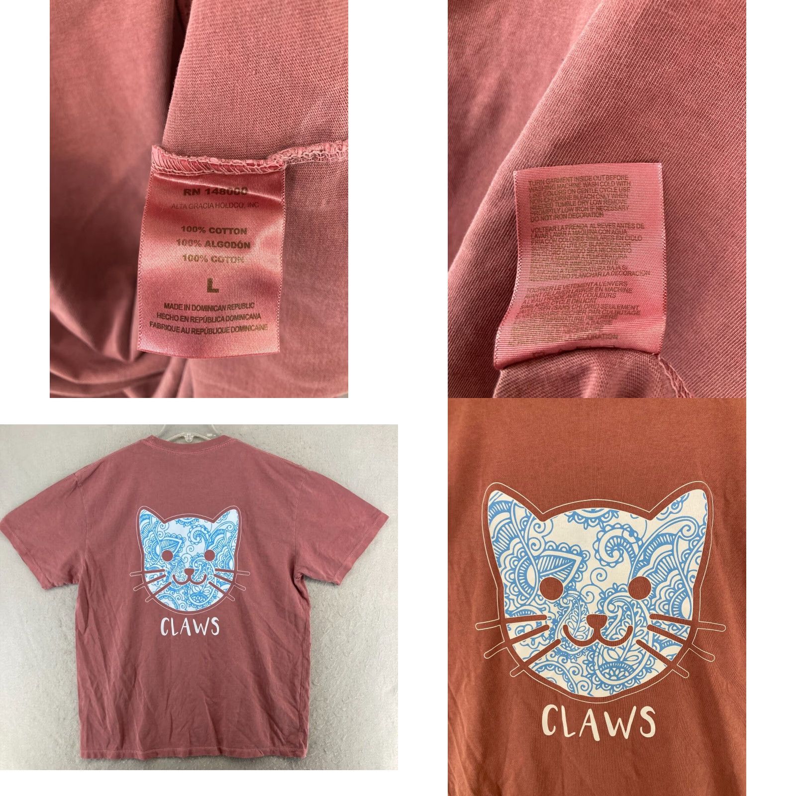 Vintage Alta Gracia Women's T-Shirt Large Pink Cat Graphic Pocket Casual Collared Jersey Size L / US 10 / IT 46 - 8 Thumbnail