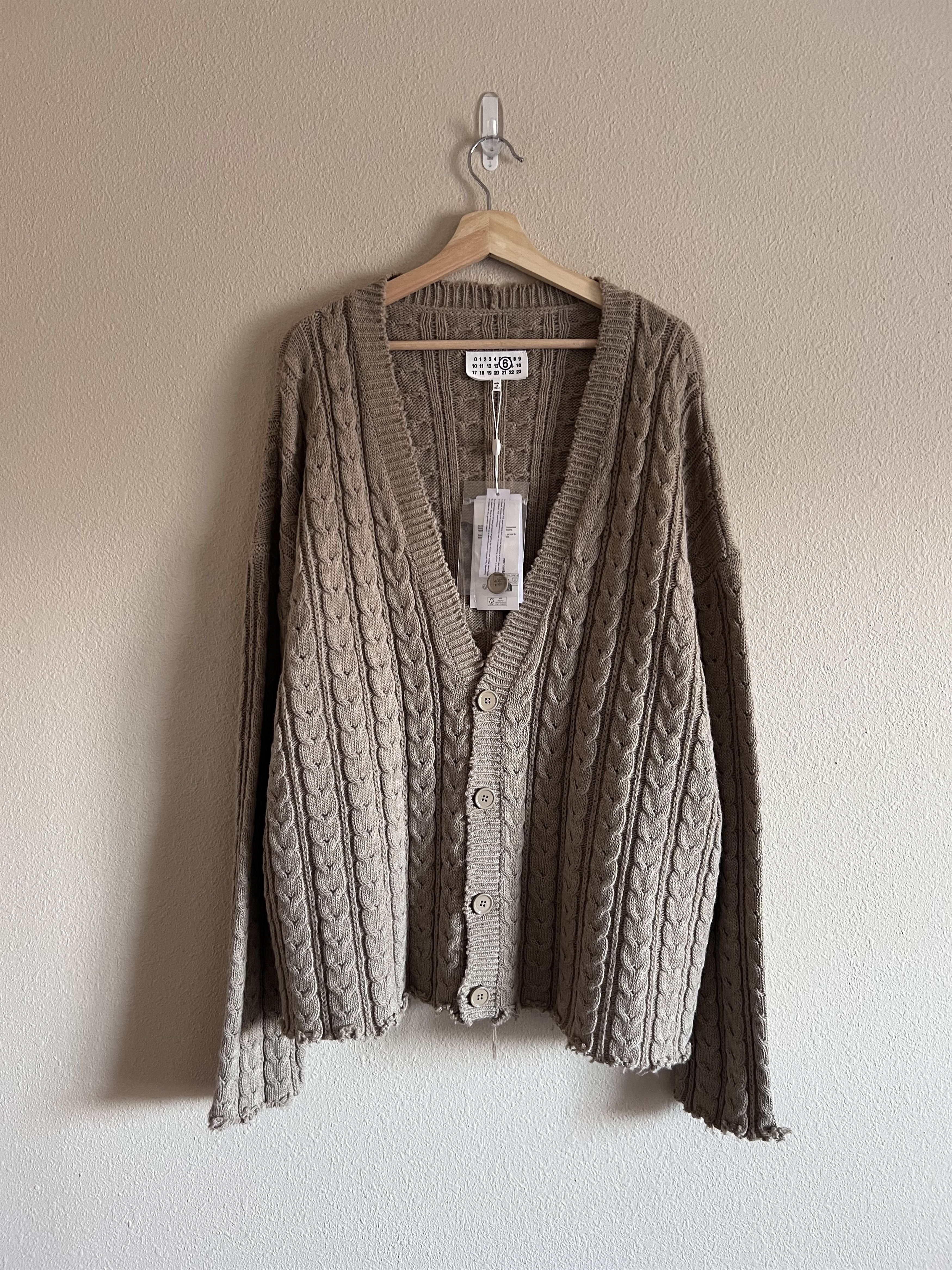 image of Mm6 Maison Margiela Raw Cut Cable Knit Cardigan In Beige, Men's (Size XL)