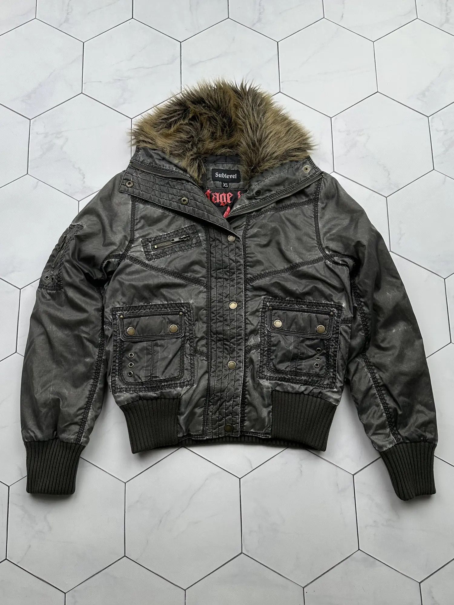 image of Avant Garde Vintage Faded Faux Fur Neck Jacket in Grey, Women's (Size XS)