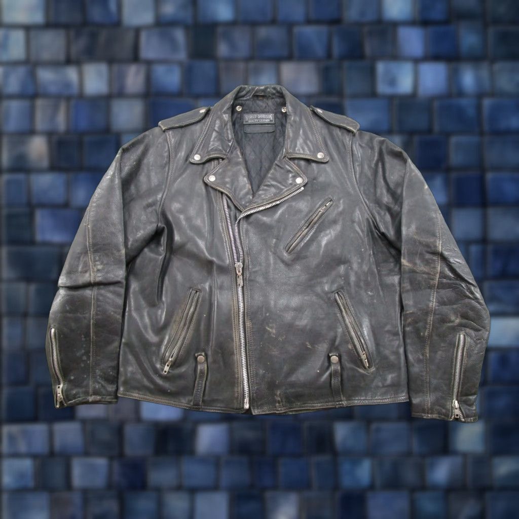 Harley Davidson VINTAGE Harley-Davidson Motorcycle Jacket Mens 50T Leather Black Wide Wing Collar Jacket Size US M / EU 48-50 / 2 - 1 Thumbnail
