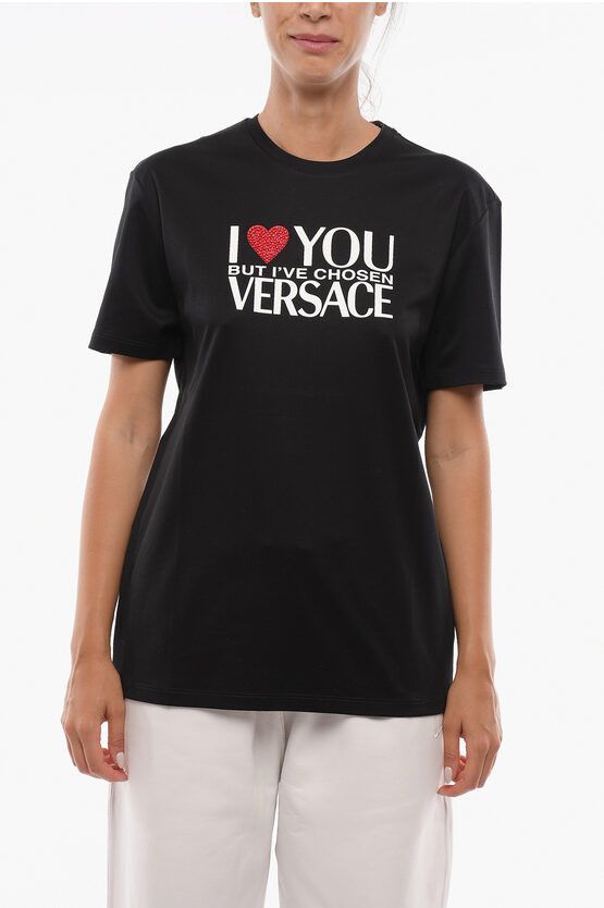 Image of Versace Oversize Crew Neck T-Shirt With Rhinestone Heart in Black, Women's (Size XS)