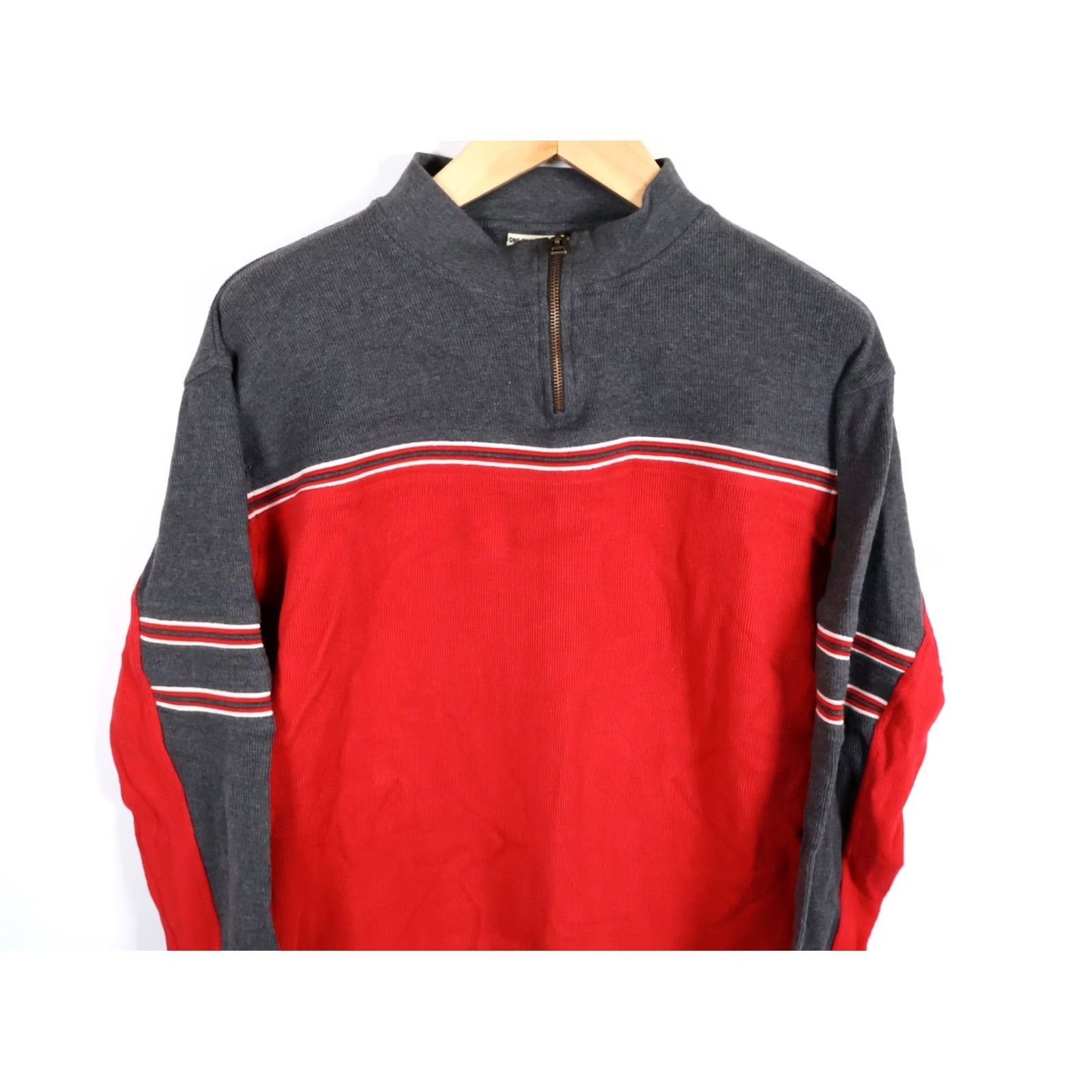 Vintage VINTAGE Y2K Sweater Men's L Red Gray 1/4 Zip Pullover OTB Striped Cotton Knit 90s Hipster Retro Boys Mens Girls Size US L / EU 52-54 / 3 - 4 Thumbnail