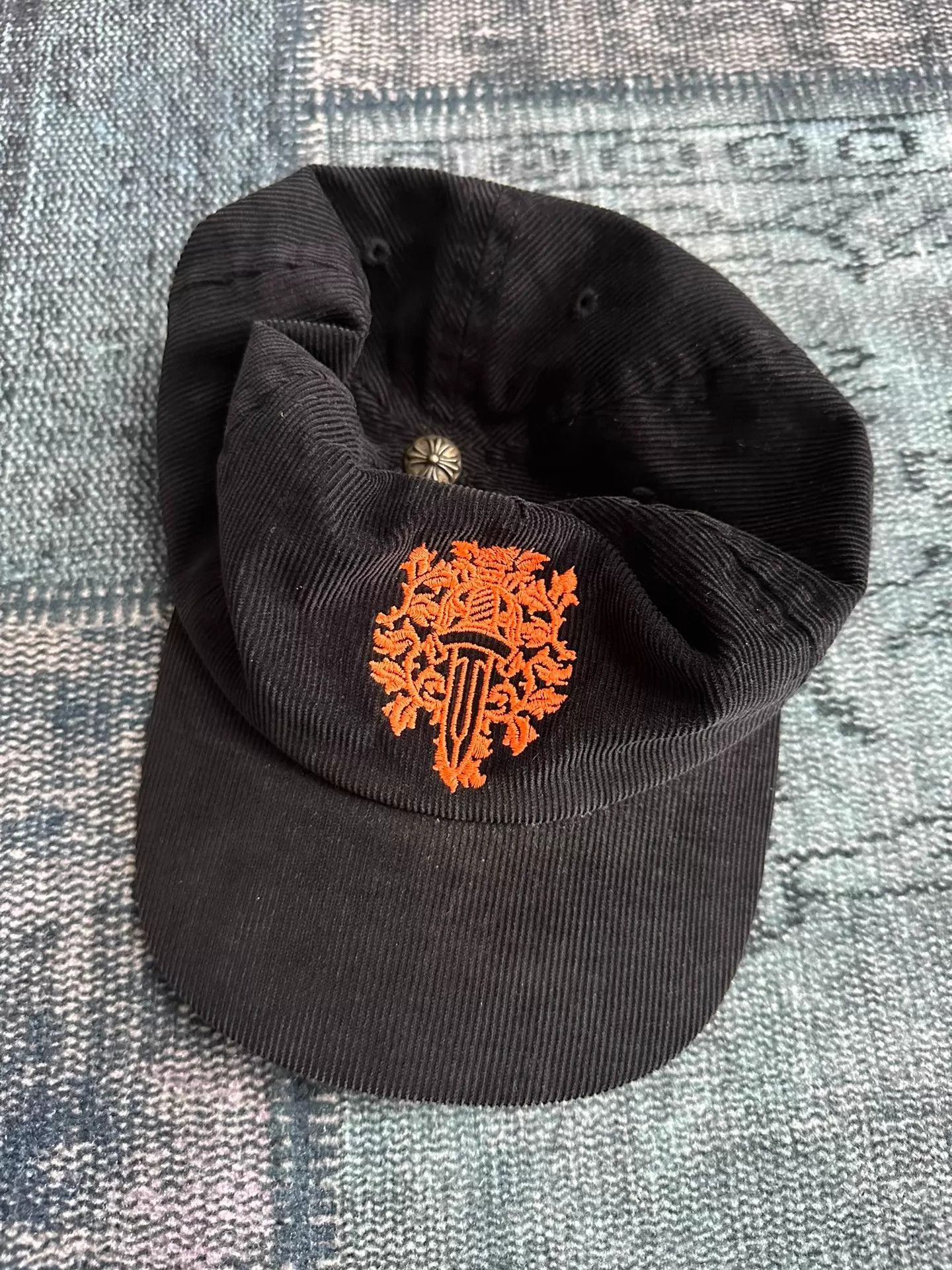 Chrome Hearts Black Corduroy Hat with Orange Embroidered Design Size ONE SIZE - 1 Thumbnail
