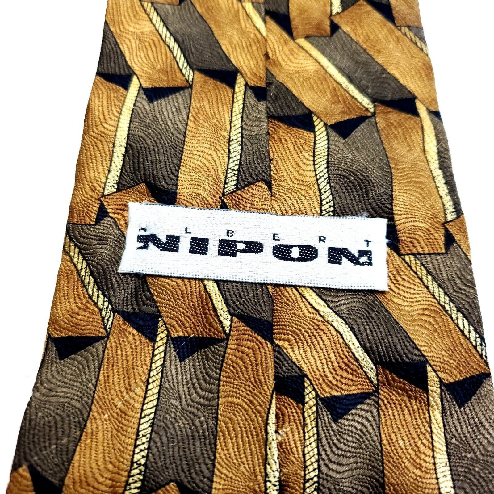 Albert Nipon Albert Nipon Silk Tie Yellow Print Geometric Beige Wide Size ONE SIZE - 3 Thumbnail