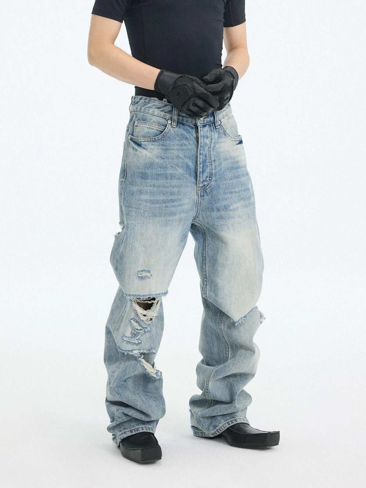 Jean Washed Blue Heavy Slash Destroy Slim Straight Denim Jeans Size US 32 / EU 48 - 2 Thumbnail